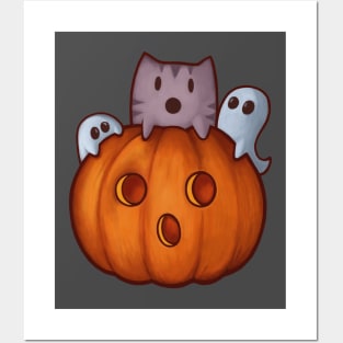 Cute cat and pumpkin with spooky ghosts Halloween Posters and Art